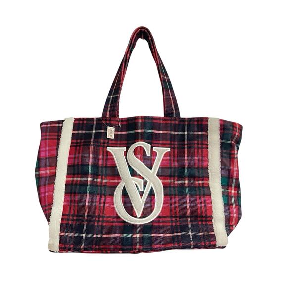 Victoria's Secret VS Plaid Sherpa Trim Large Tote Bag Travel Winter Holiday NEW - Picture 2 of 14